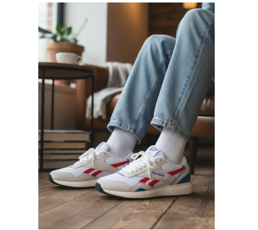 Reebok GL1100 Retro Sneakers Mens 7.5 White Red Blue Suede Nylon Minimalist